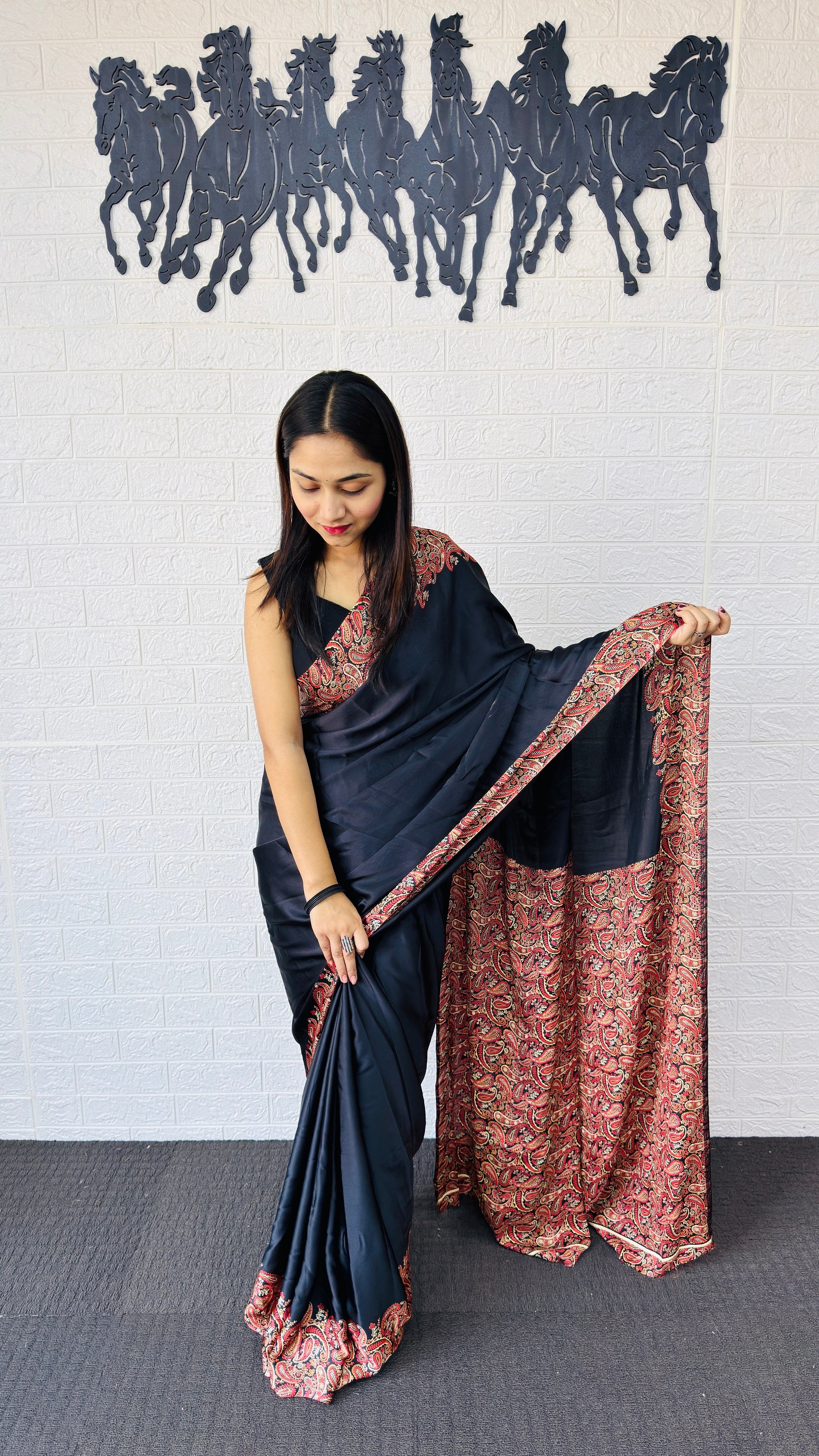 Elegant Black Designer Saree with Classic Paisley Printed Border