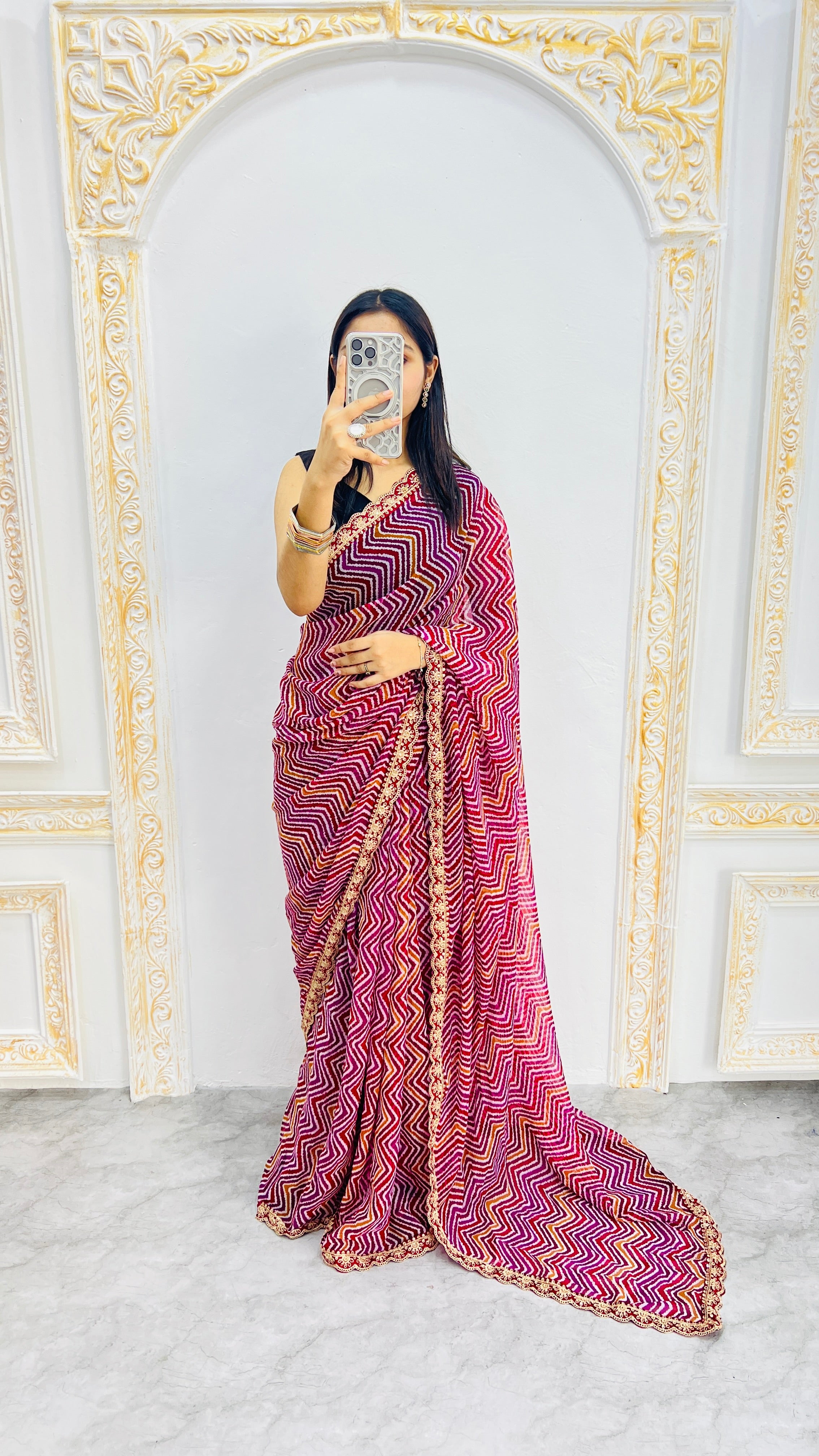 Elegant Rani Pink Zigzag Print Designer Saree with Decorative Lace Border