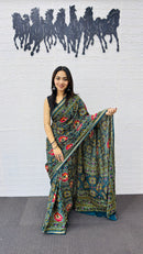 Royal Peacock Blue Patola Silk Saree with Multicolor Traditional Weaving | Premium Festive & Cultural Wear