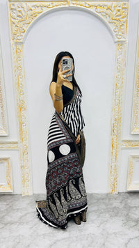 Luxury Black & White Striped Printed Saree with Regal Ethnic Pallu & Designer Border