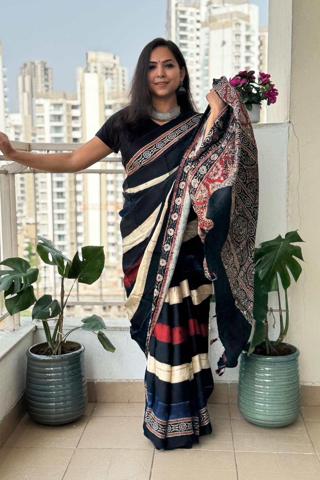 Midnight Ivory Ajrakh Silk Saree with Heritage Panel Pallu Design
