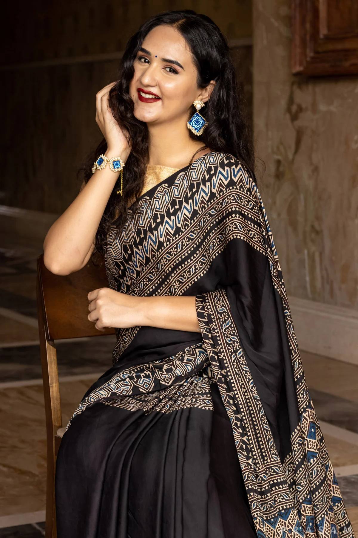 Midnight Heritage Ajrakh Silk Saree with Intricate Tribal Geometric Elegance