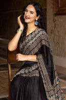 Midnight Heritage Ajrakh Silk Saree with Intricate Tribal Geometric Elegance