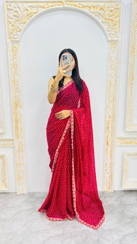 Luxury Rani Pink Bandhani Printed Saree with Elegant Scalloped Border & Classic Festive Finish