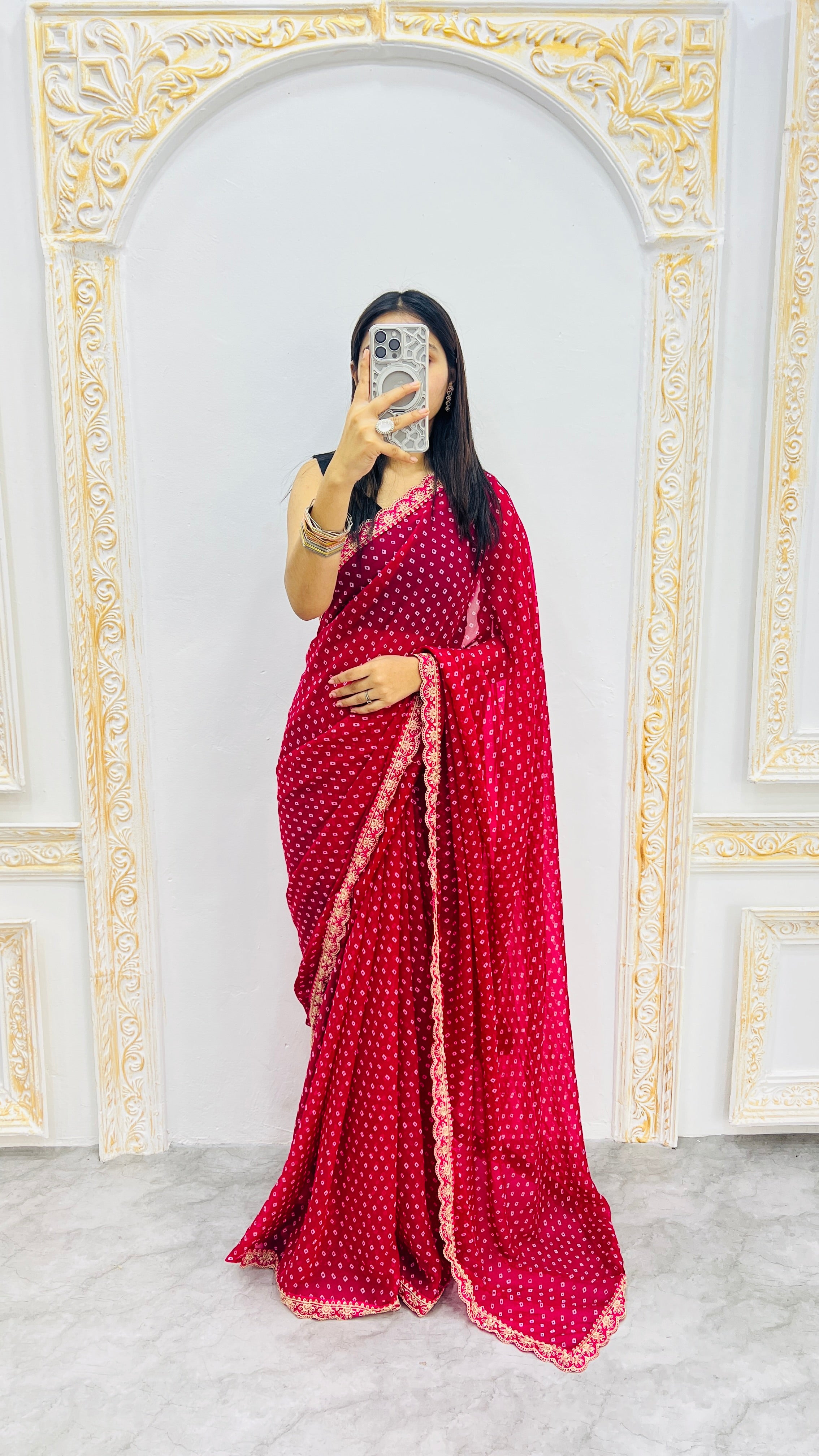Luxury Rani Pink Bandhani Printed Saree with Elegant Scalloped Border & Classic Festive Finish