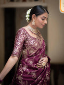 Hema Wine Banarasi Silk Saree WIth Fabulouse Blouse Piece