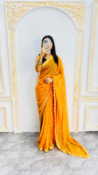 Luxury Sunshine Yellow Linen Saree with Textured Micro Prints & Elegant Scalloped Lace Border