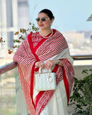 Luxury Off-White & Red Traditional Printed Saree with Heritage Border & Elegant Statement Pallu