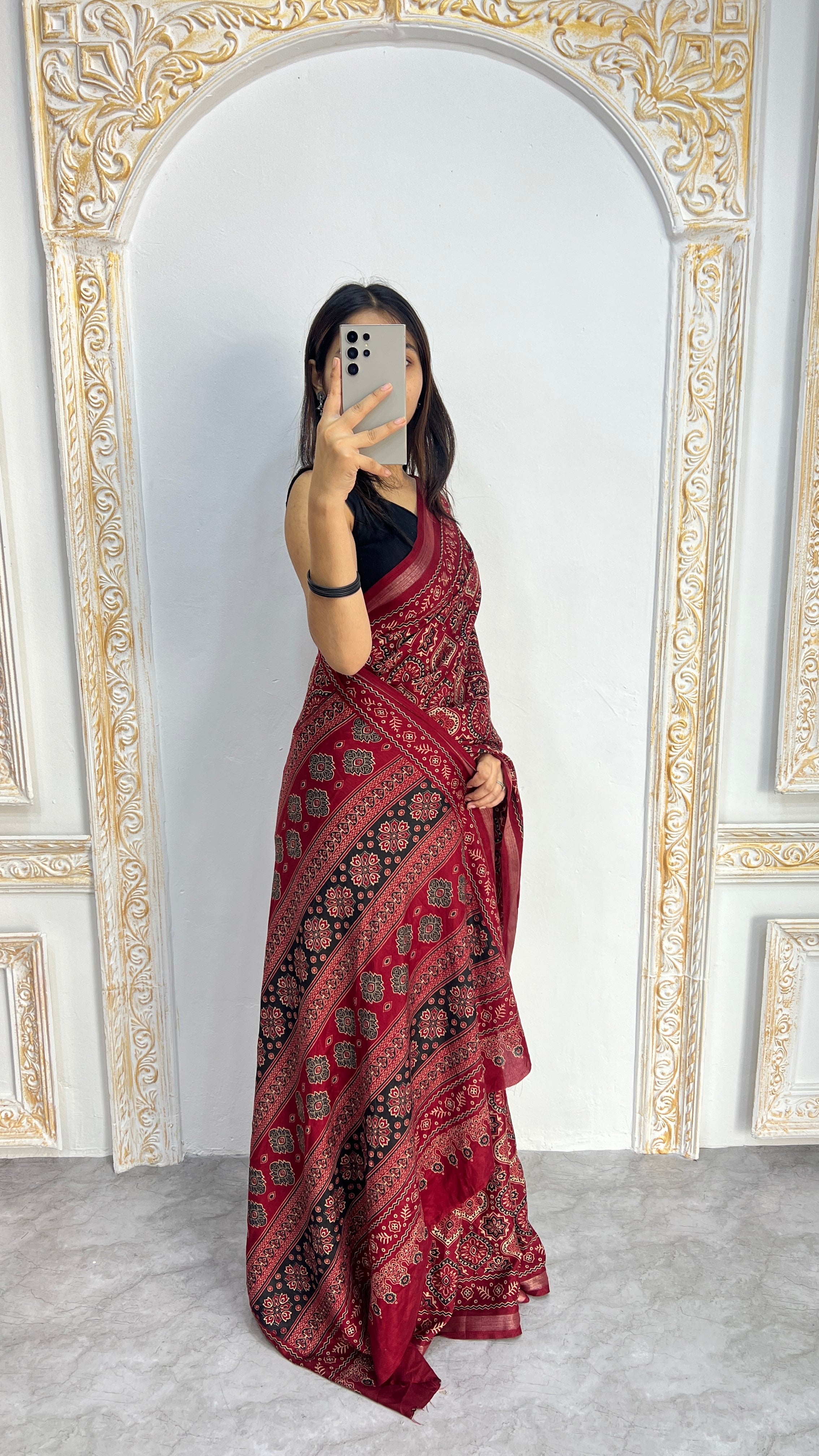 Luxury Wine Red Ajrakh-Inspired Printed Saree with Intricate Heritage Motifs & Rich Pallu