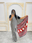 Elegant Black & White Striped Designer Saree with Bold Red Heritage Pallu