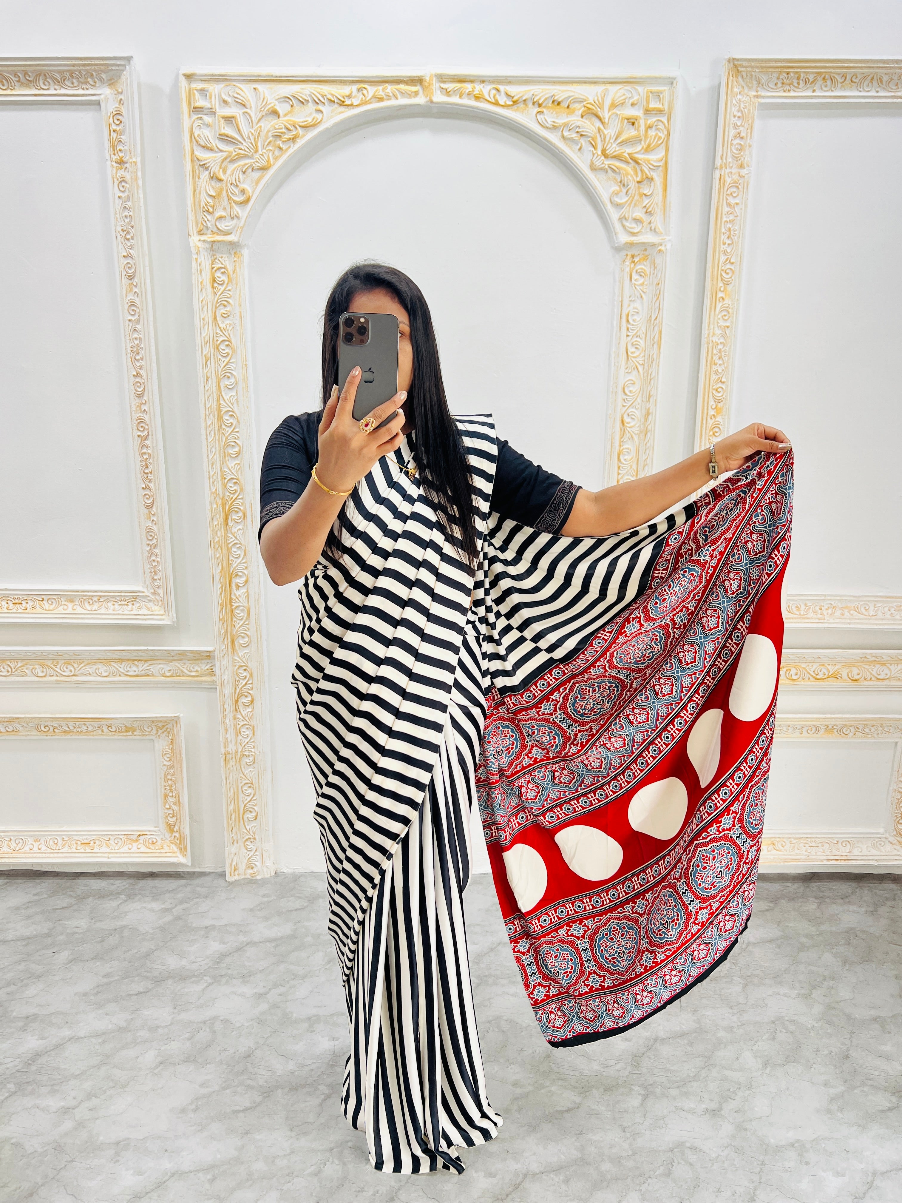 Elegant Black & White Striped Designer Saree with Bold Red Heritage Pallu