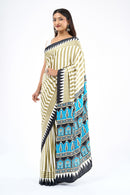 Elegant Olive Stripe Designer Saree with Turquoise Heritage Temple Border