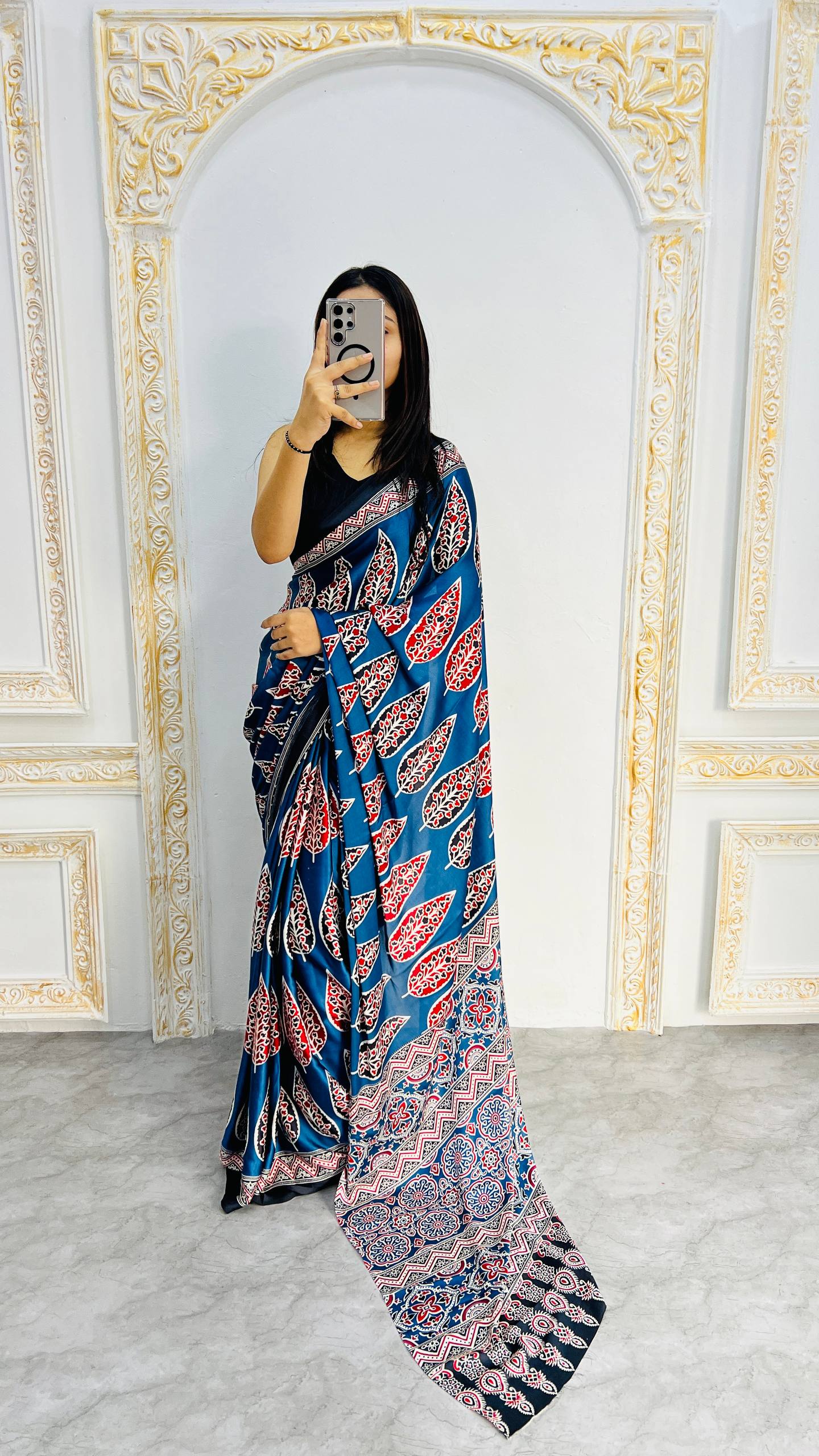 Indigo Royale Mal Mal Silk Saree with Ajrakh Inspired Leaf Motif Elegance