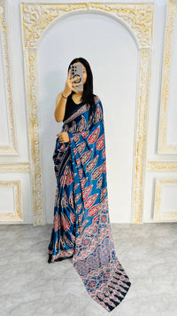 Indigo Royale Mal Mal Silk Saree with Ajrakh Inspired Leaf Motif Elegance
