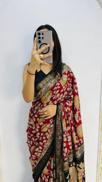 Royal Crimson Mal Mal Silk Saree with Antique Gold Floral Zari Elegance