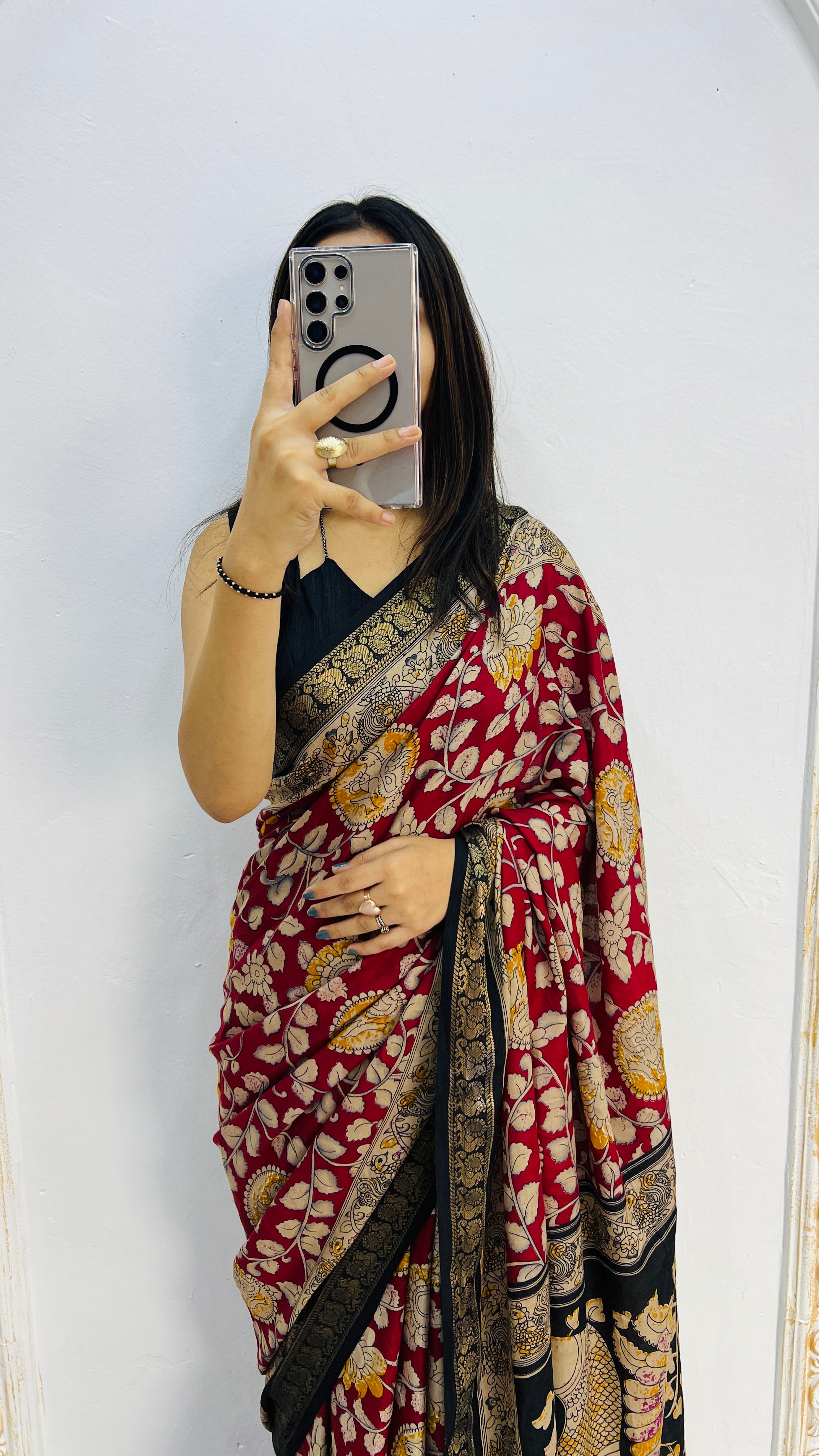 Royal Crimson Mal Mal Silk Saree with Antique Gold Floral Zari Elegance