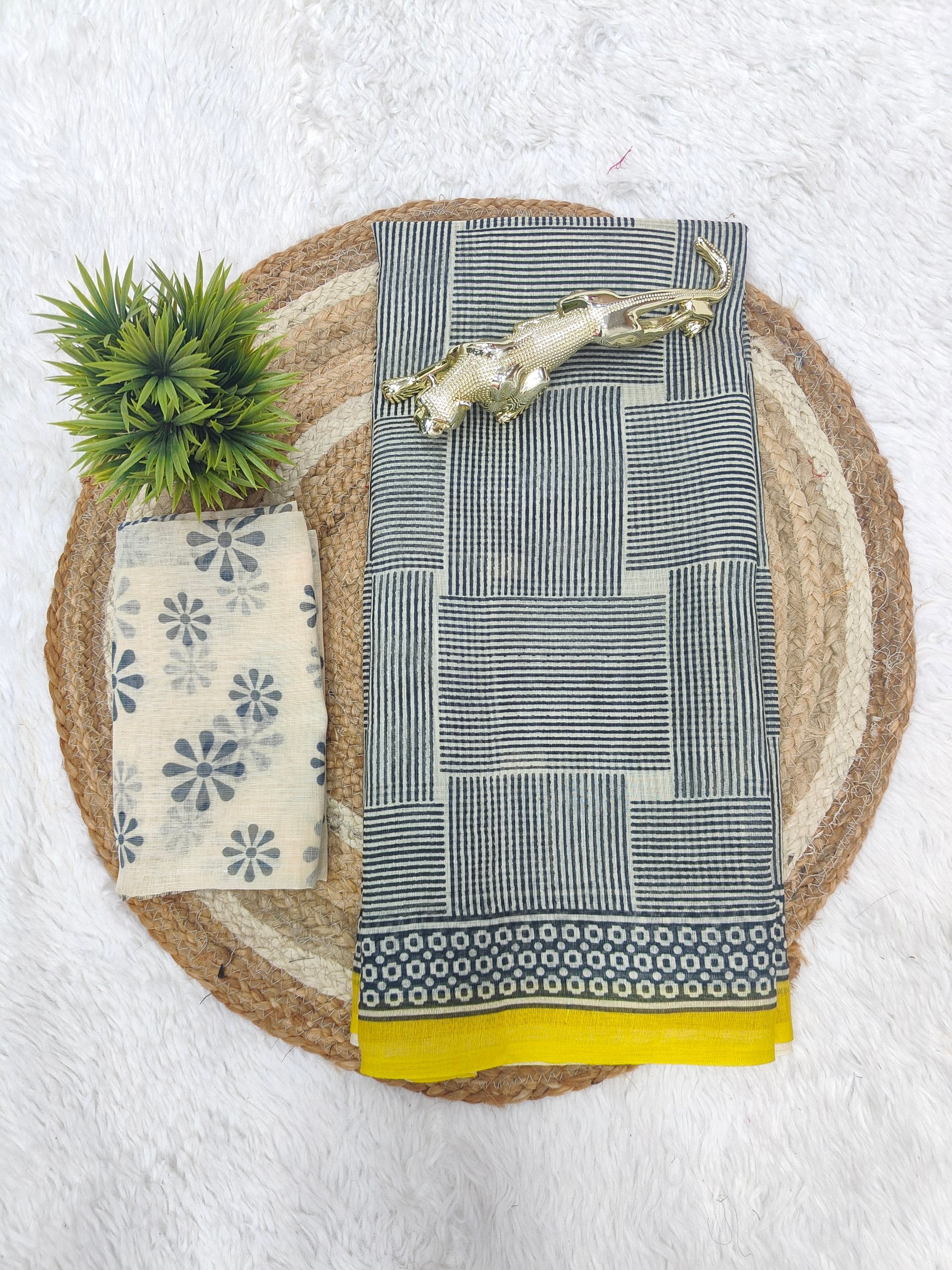 Ivory Grid Cotton Silk Saree with Mustard Accent Heritage Border