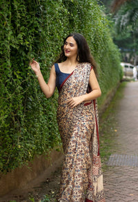 Vintage Ivory Kalamkari Style Silk Saree with Heritage Floral Narrative
