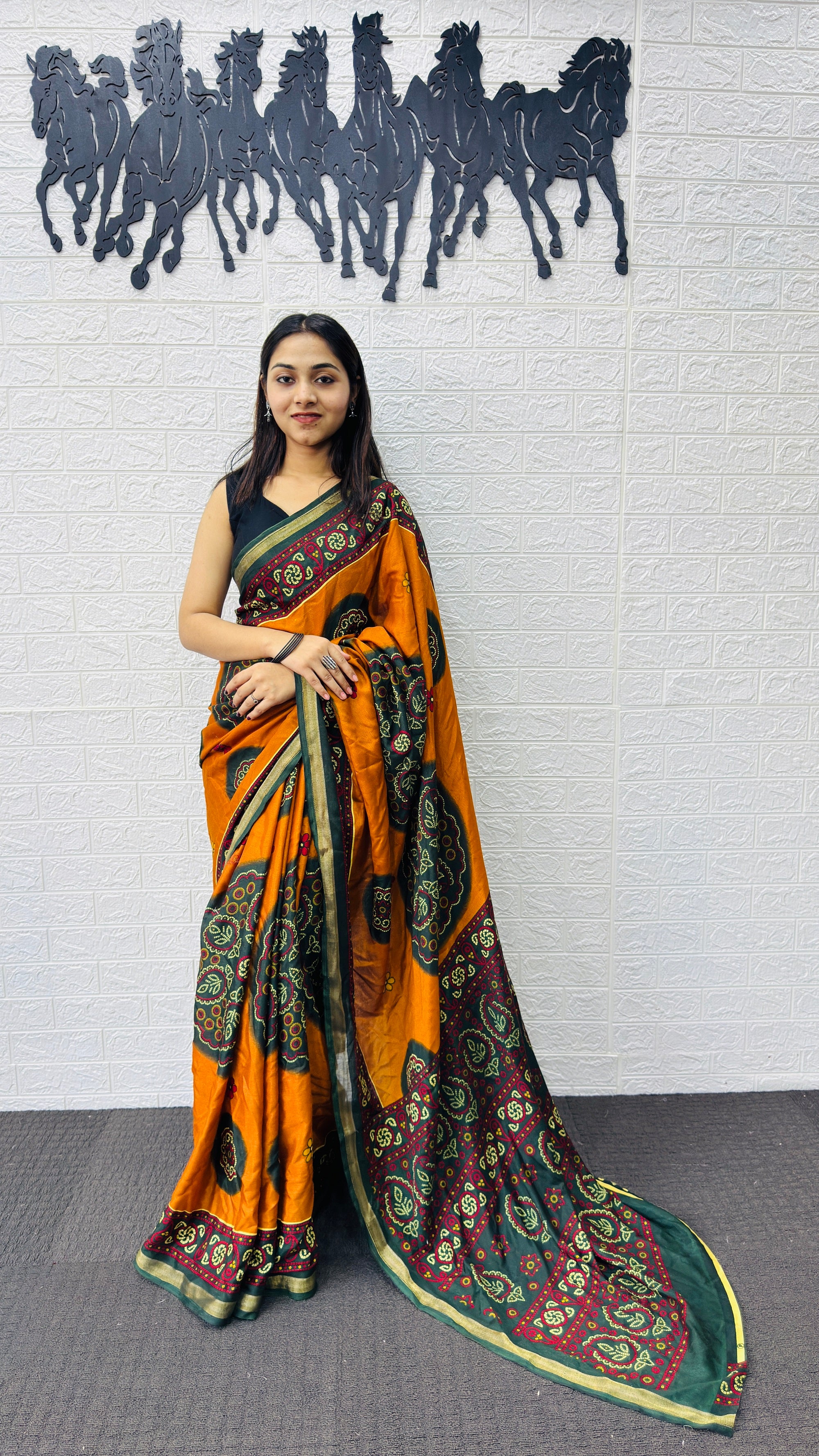 Traditional Mustard Orange Designer Saree with Deep Green Heritage Motifs