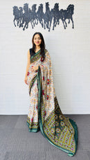 Elegant Ivory & Olive Green Traditional Printed Saree with Rich Ethnic Pallu