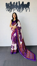 Graceful Ivory & Royal Purple Traditional Printed Saree with Statement Ethnic Pallu