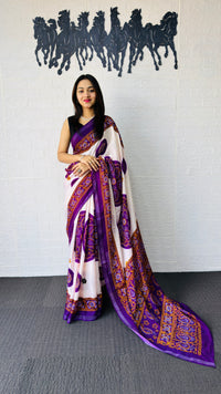 Graceful Ivory & Royal Purple Traditional Printed Saree with Statement Ethnic Pallu