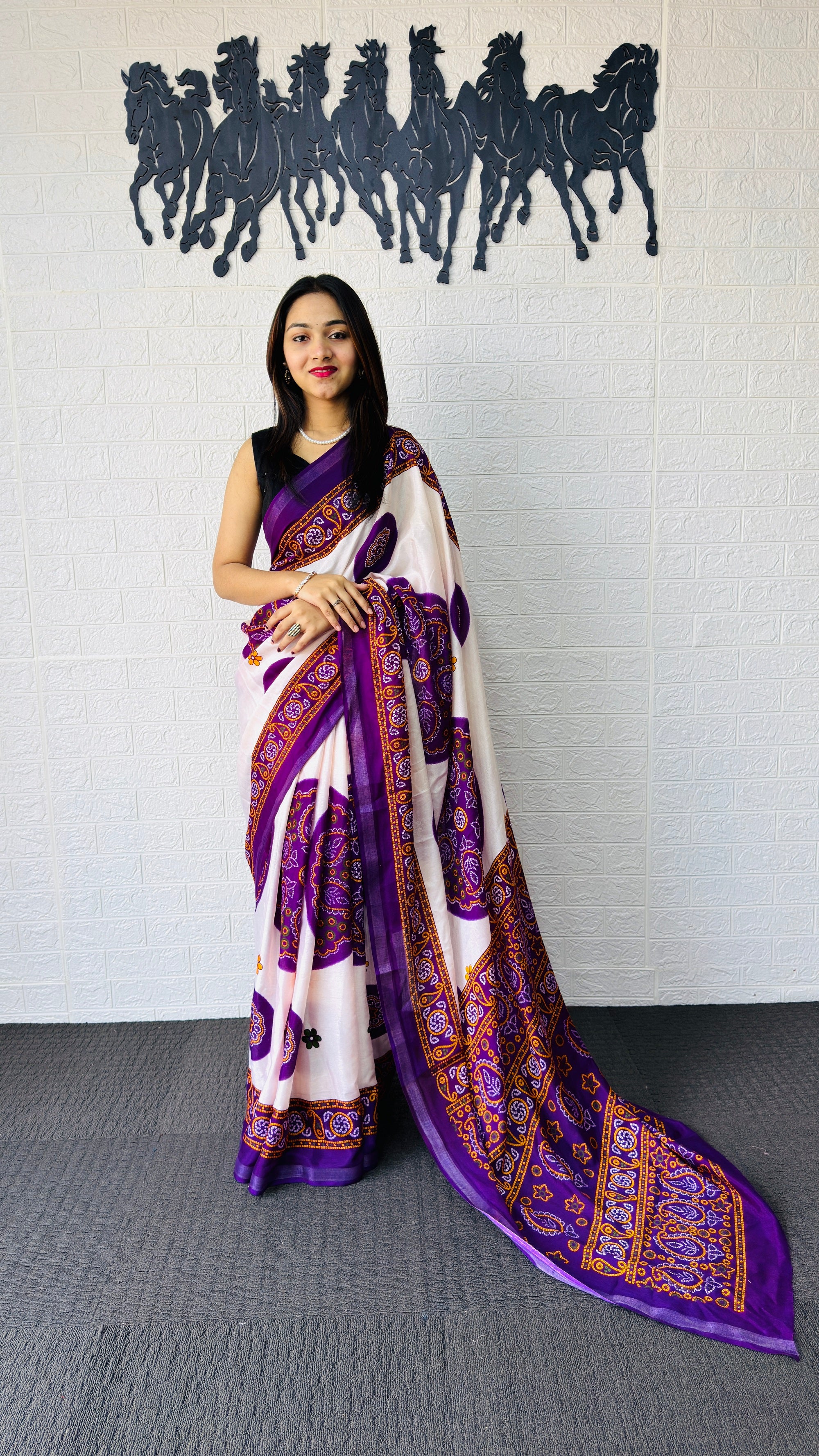 Graceful Ivory & Royal Purple Traditional Printed Saree with Statement Ethnic Pallu