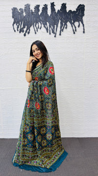 Royal Peacock Blue Patola Silk Saree with Multicolor Traditional Weaving | Premium Festive & Cultural Wear