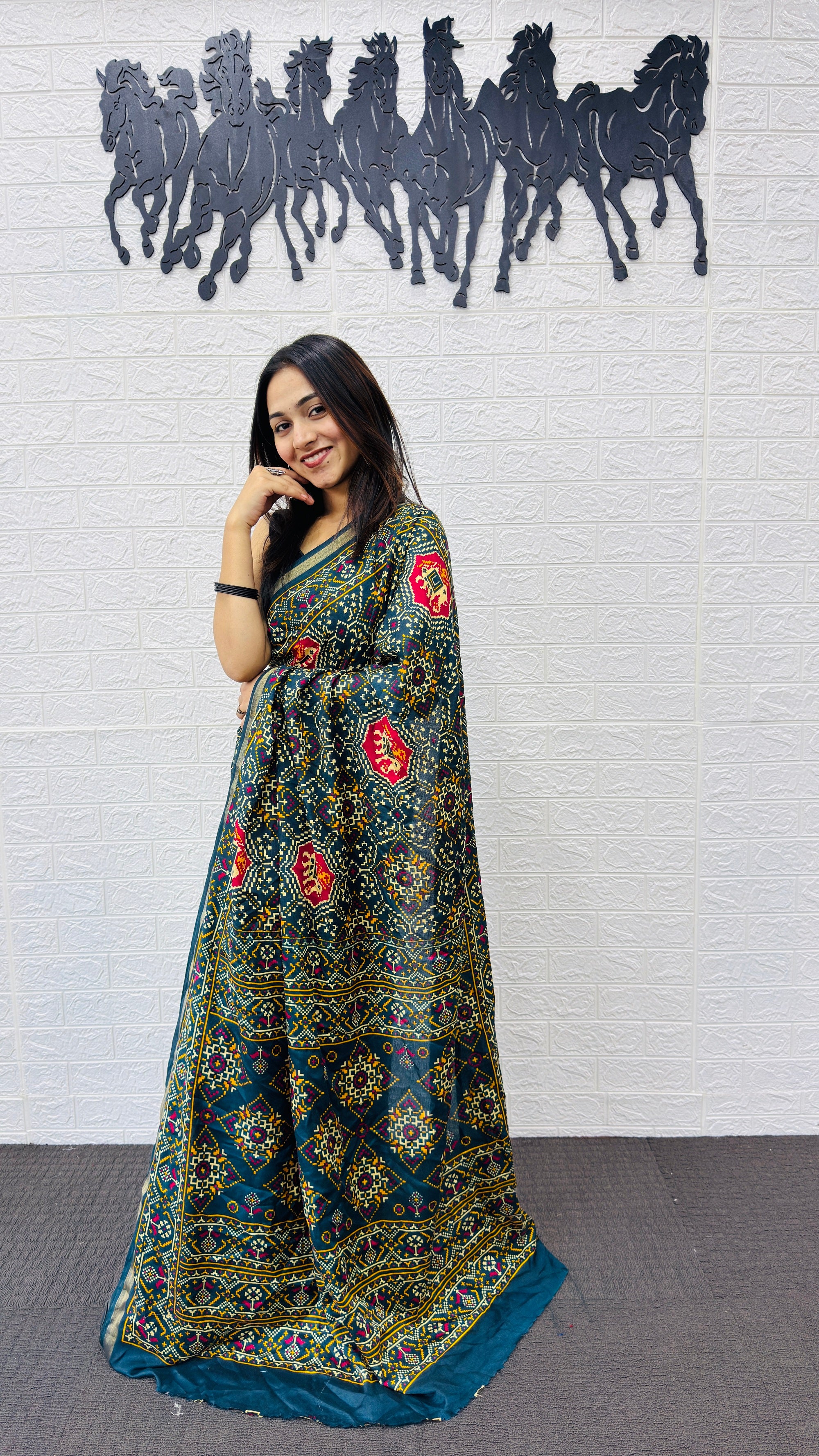 Royal Peacock Blue Patola Silk Saree with Multicolor Traditional Weaving | Premium Festive & Cultural Wear