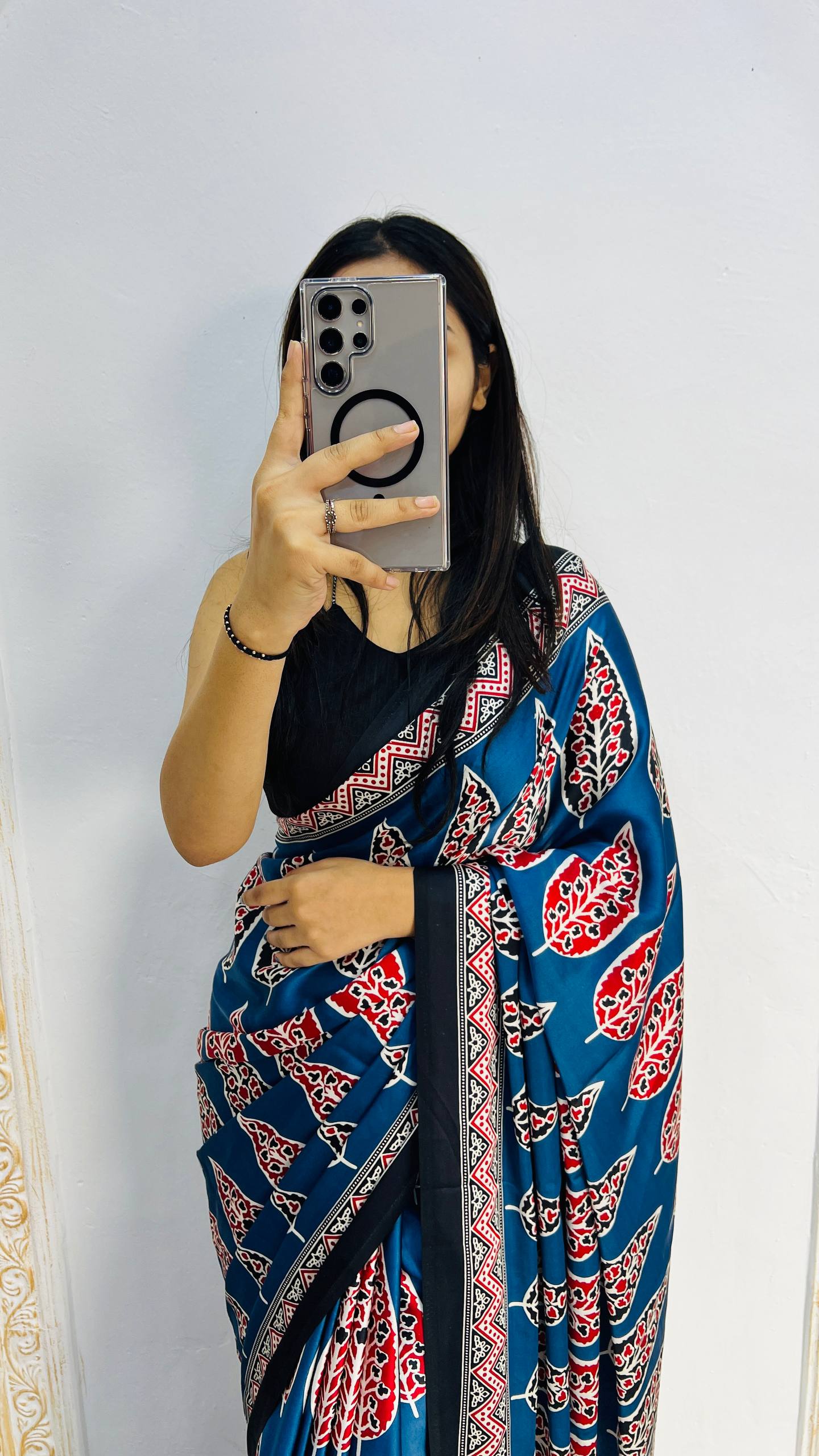 Indigo Royale Mal Mal Silk Saree with Ajrakh Inspired Leaf Motif Elegance