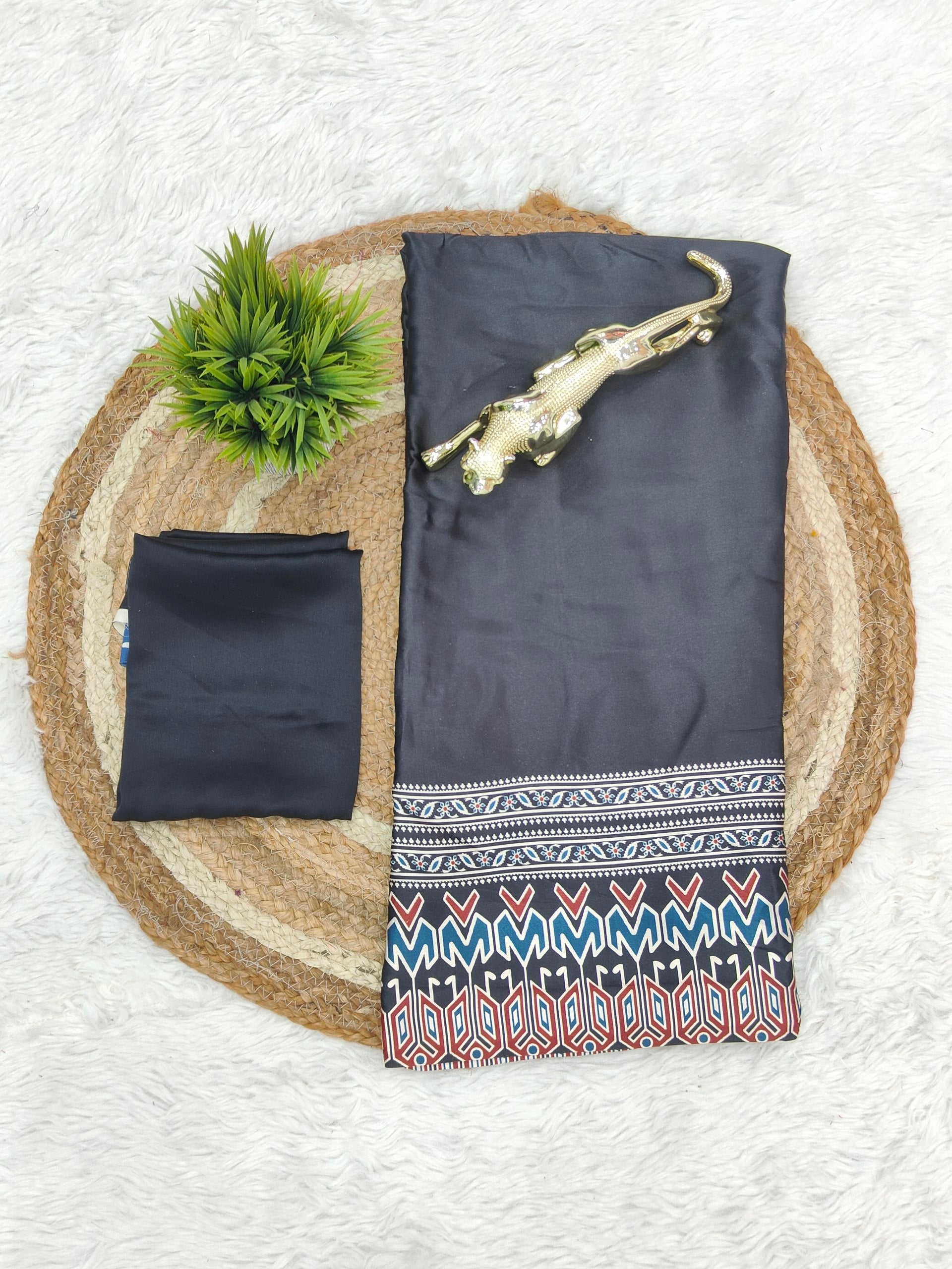 Midnight Heritage Ajrakh Silk Saree with Intricate Tribal Geometric Elegance
