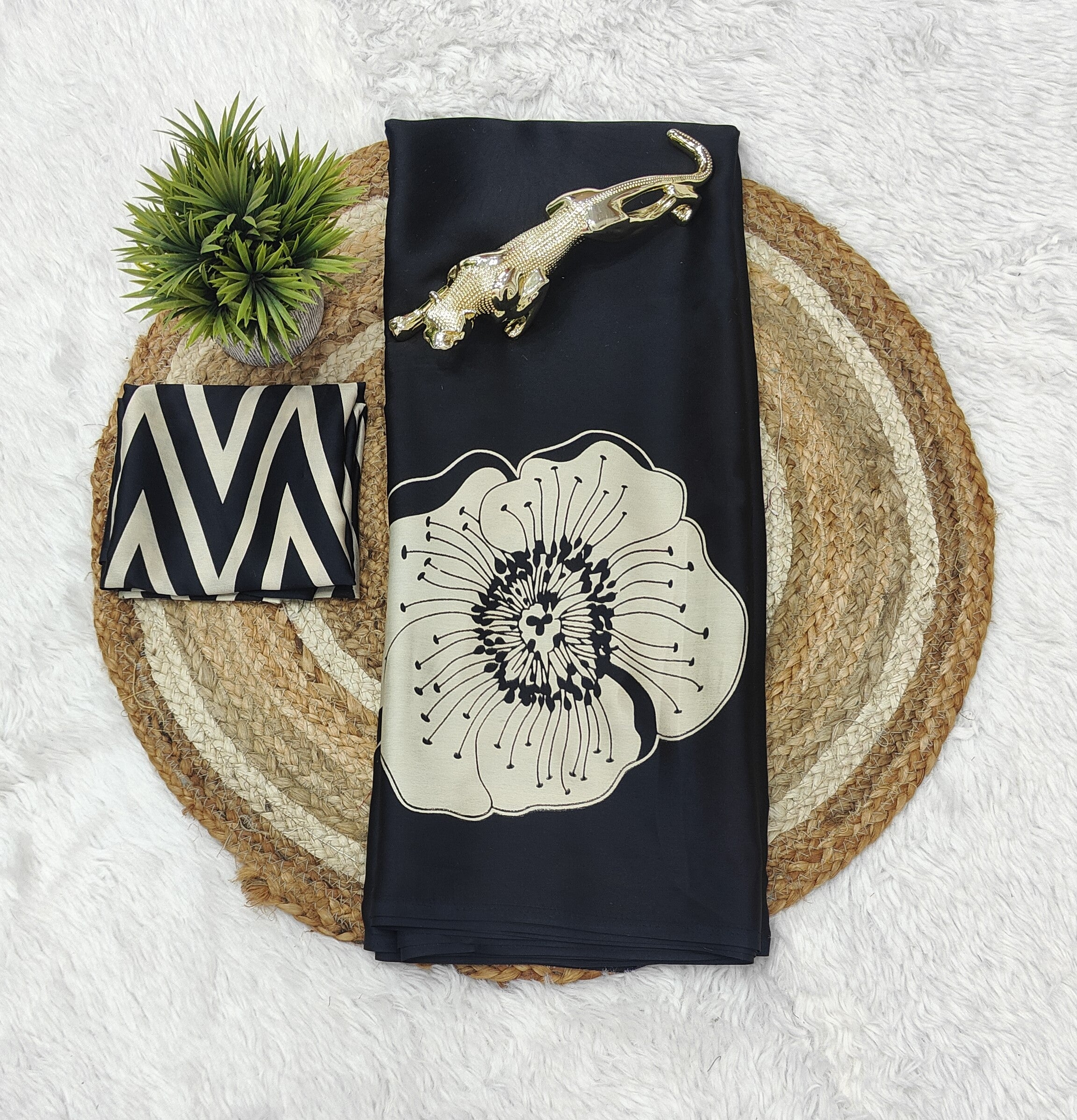 Midnight Noir Cotton Silk Saree with Artistic Floral Statement Design