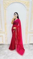 Luxury Rani Pink Bandhani Printed Saree with Elegant Scalloped Border & Classic Festive Finish