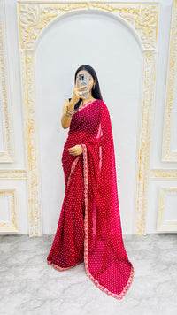 Luxury Rani Pink Bandhani Printed Saree with Elegant Scalloped Border & Classic Festive Finish