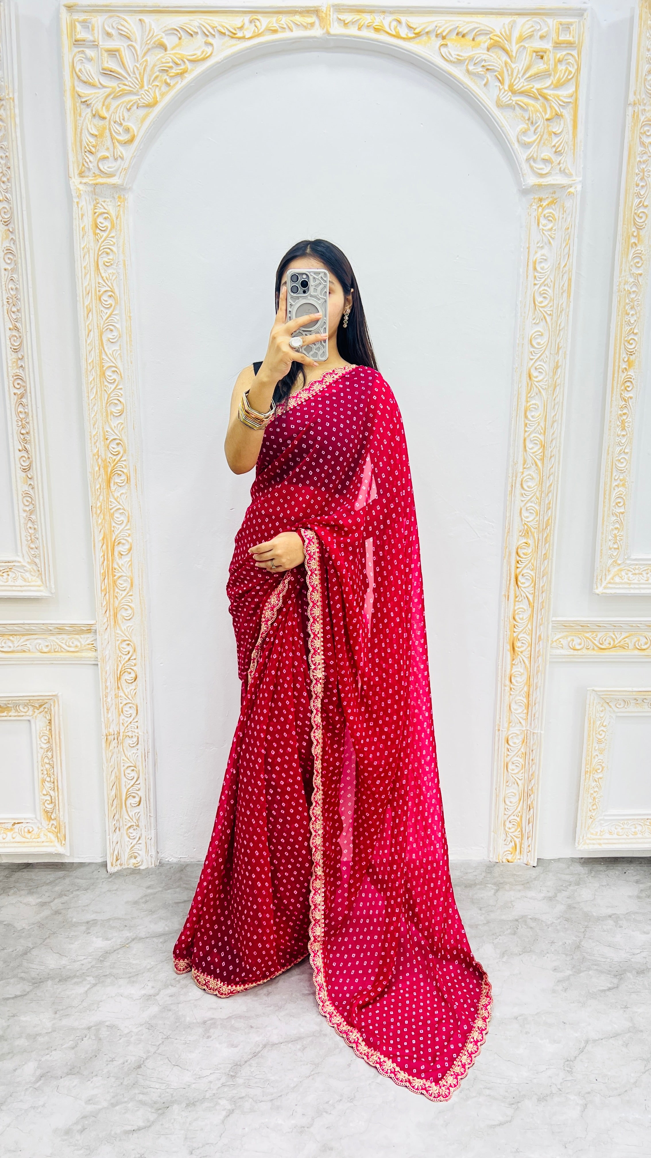 Luxury Rani Pink Bandhani Printed Saree with Elegant Scalloped Border & Classic Festive Finish