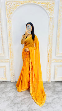 Luxury Sunshine Yellow Linen Saree with Textured Micro Prints & Elegant Scalloped Lace Border