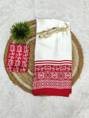 Luxury Off-White & Red Traditional Printed Saree with Heritage Border & Elegant Statement Pallu