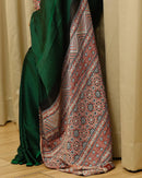 Luxury Emerald Green Satin Saree with Designer Ajrakh-Inspired Pallu & Elegant Blouse