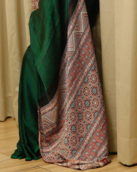 Luxury Emerald Green Satin Saree with Designer Ajrakh-Inspired Pallu & Elegant Blouse
