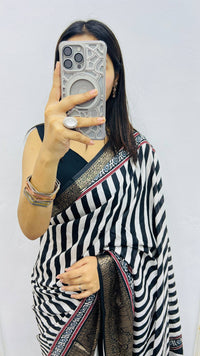 Luxury Black & White Striped Printed Saree with Regal Ethnic Pallu & Designer Border