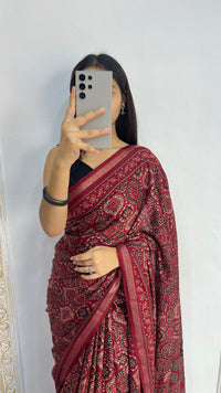 Luxury Wine Red Ajrakh-Inspired Printed Saree with Intricate Heritage Motifs & Rich Pallu