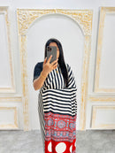 Elegant Black & White Striped Designer Saree with Bold Red Heritage Pallu