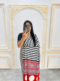 Elegant Black & White Striped Designer Saree with Bold Red Heritage Pallu
