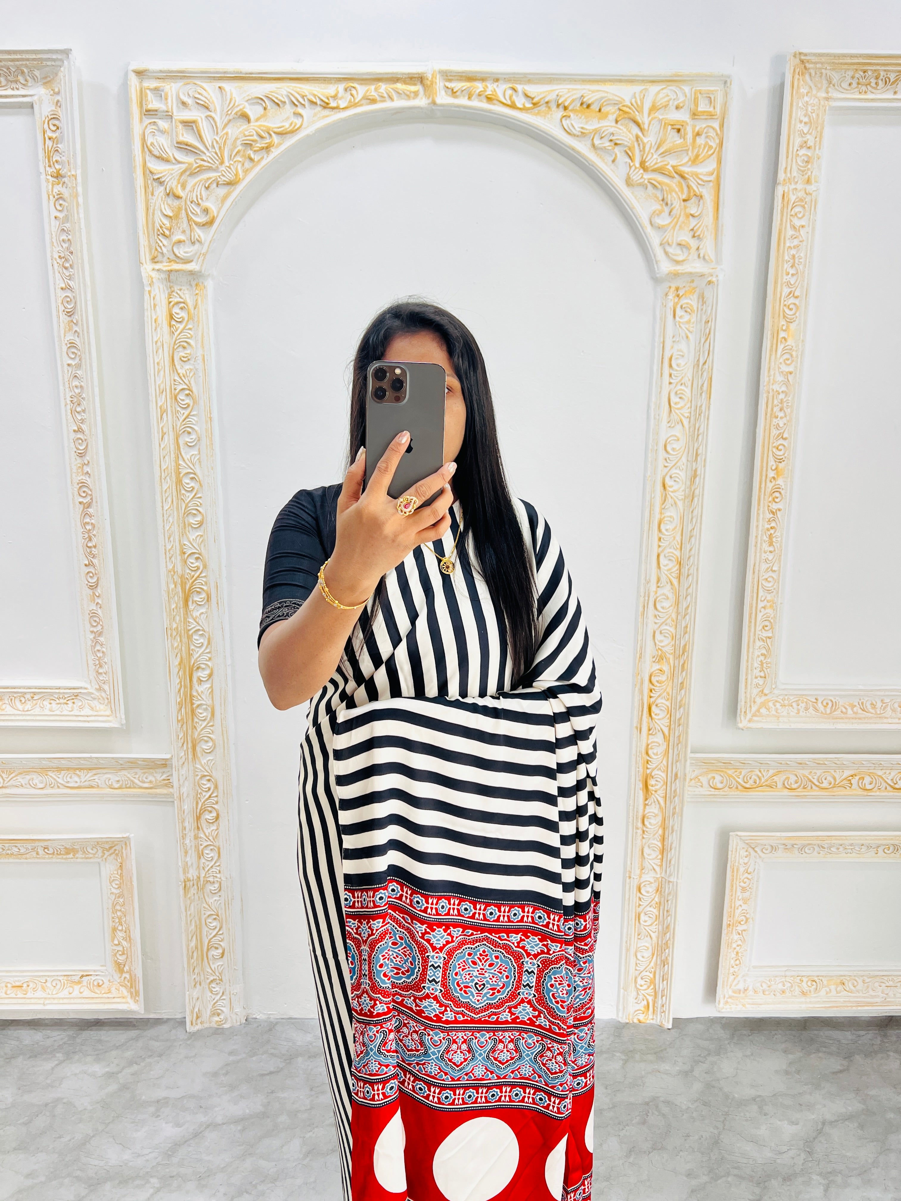 Elegant Black & White Striped Designer Saree with Bold Red Heritage Pallu