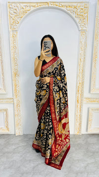 Noir Regal Mal Mal Silk Saree with Antique Gold Floral Zari & Crimson Border