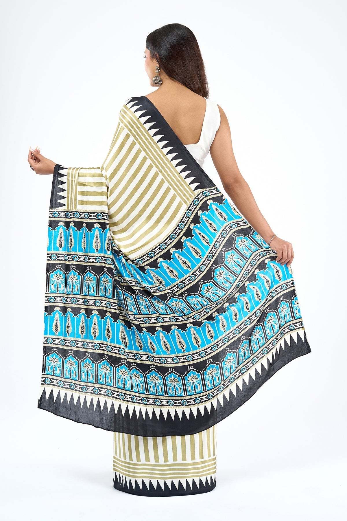 Elegant Olive Stripe Designer Saree with Turquoise Heritage Temple Border