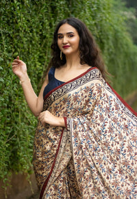 Vintage Ivory Kalamkari Style Silk Saree with Heritage Floral Narrative