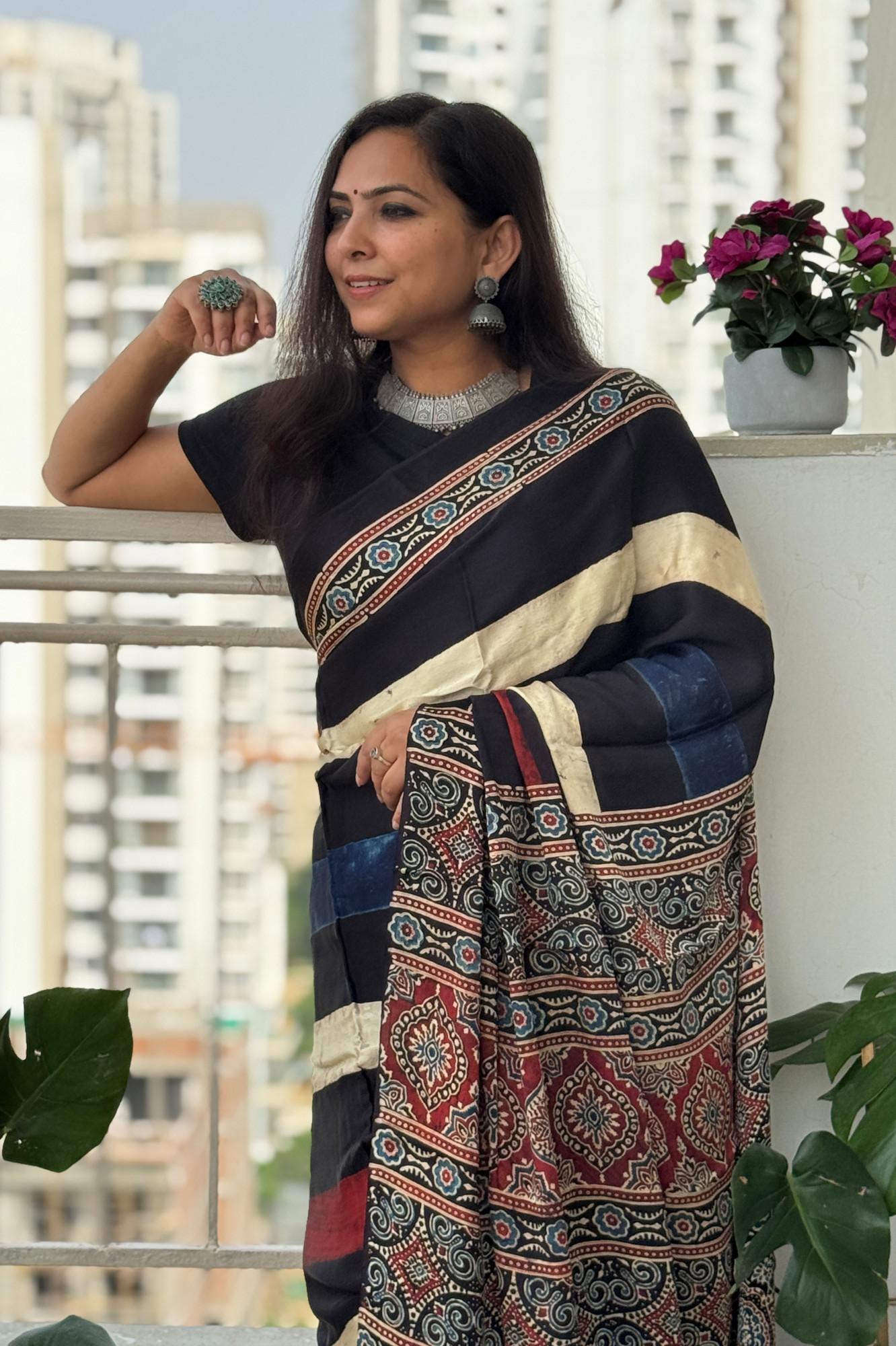 Midnight Ivory Ajrakh Silk Saree with Heritage Panel Pallu Design
