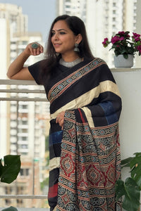 Midnight Ivory Ajrakh Silk Saree with Heritage Panel Pallu Design