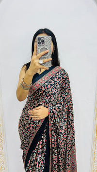 Luxury Black Printed Linen Saree with Intricate Floral Vine Design & Rich Traditional Pallu